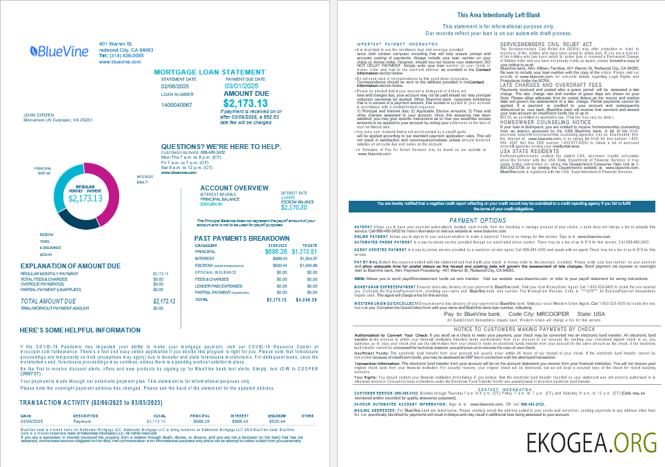 États , Unis Californie Relevé de prêt hypothécaire de la banque BlueVine aux formats Word et PDF, 4 pages 1, 2